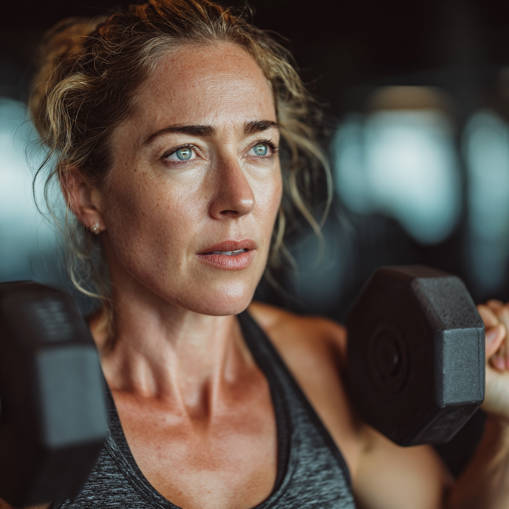 Middle-aged woman in her 40s doing strength training exercise with dumbbells in a modern gym setting, wearing comfortable workout attire and showing determination and focus during her fitness routine